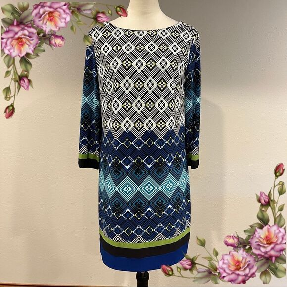 Donna Ricco Geometric Print long sleeve crew neck Dress size 10 - Picture 1 of 12